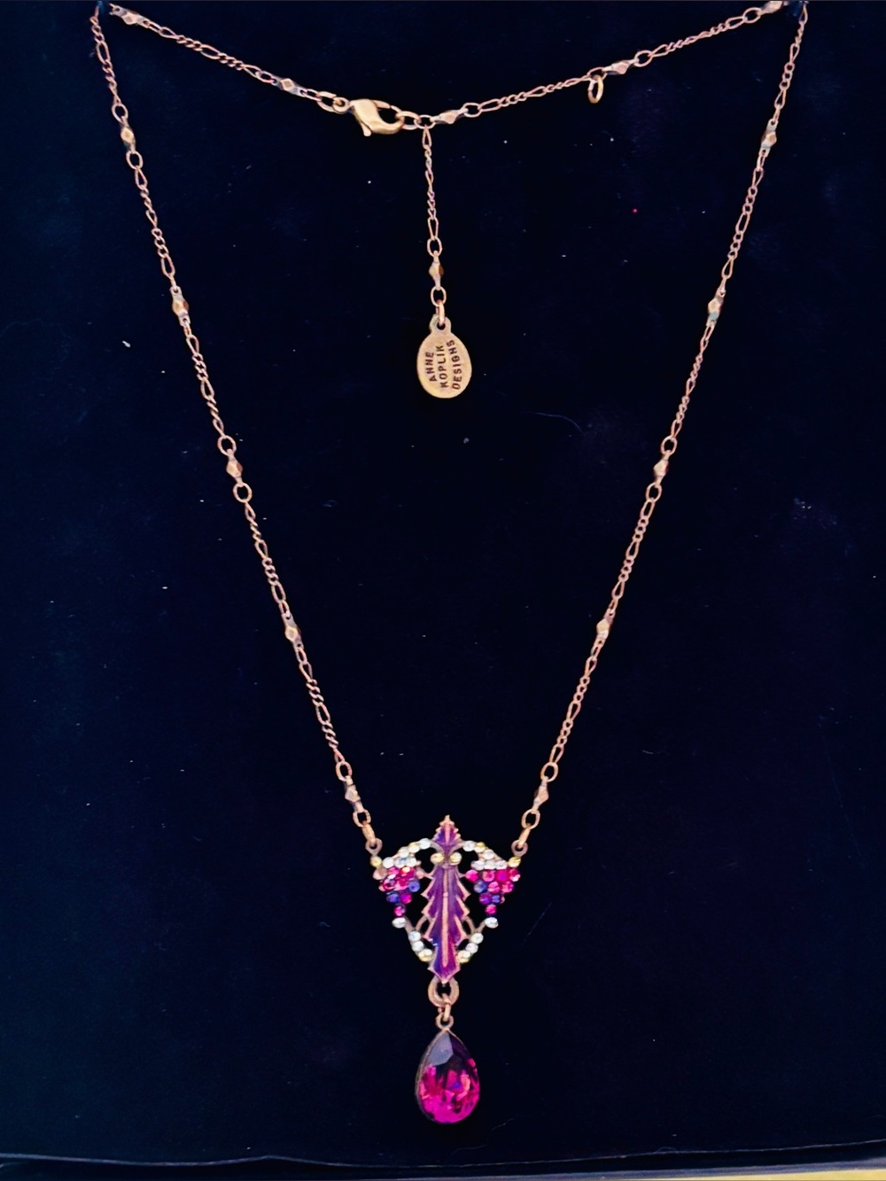 Vintage Anne Koplik Rose-Gold Necklace with Pink Gemstone Drop Pendant